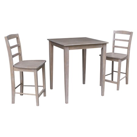 International Concepts Square 30X30 Counter Height Table with 2 Madrid Stools, Washed Gray Taupe, 30 in W, 30 in L, Wood K09-3030-S402-2